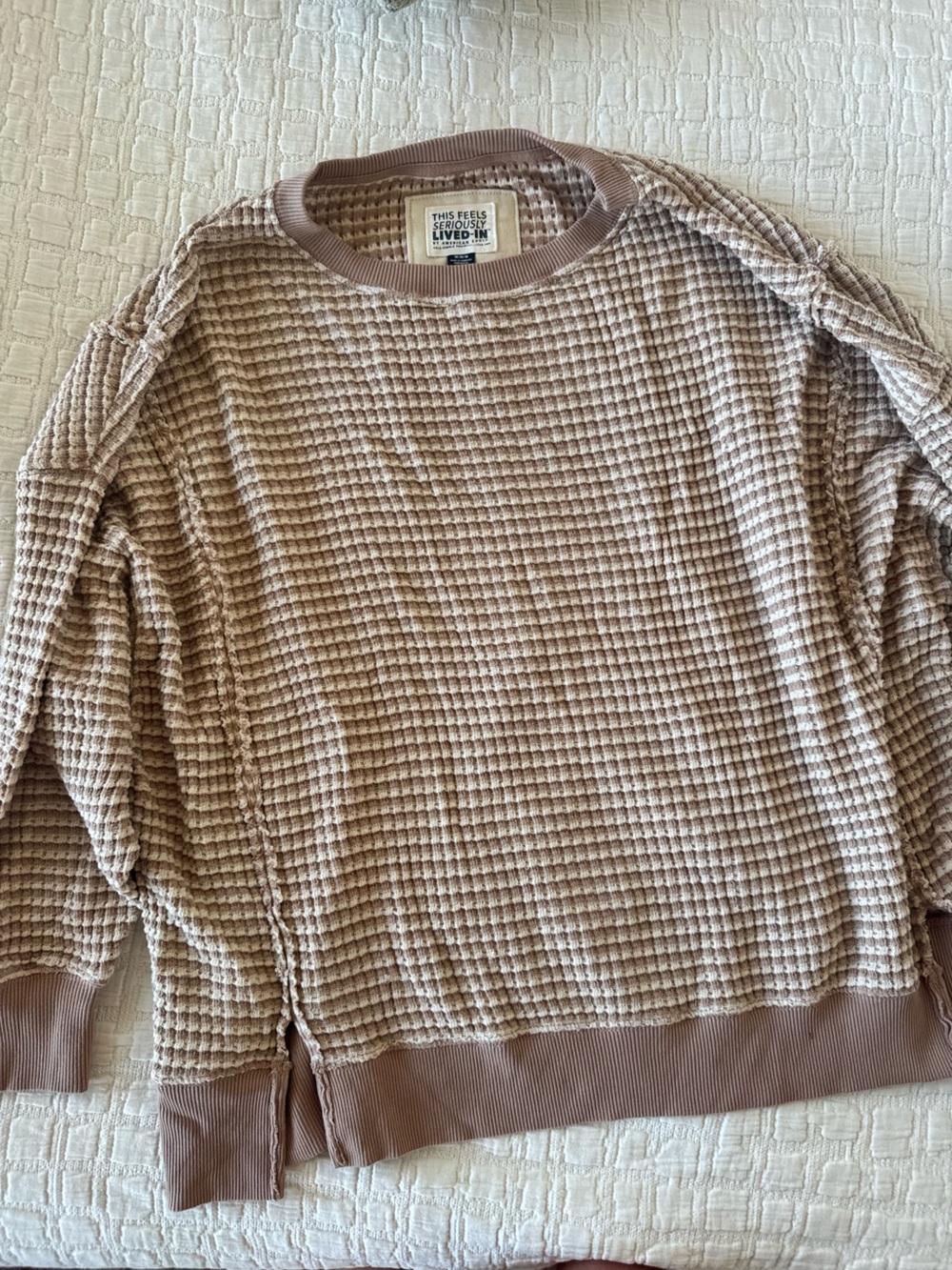Waffle Knit Crewneck Sweater in Taupe Beige - Picture 2 of 4
